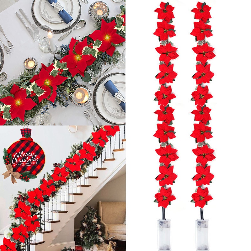 Xmas Outdoor Lighting Decorations - 2/3m Boże Narodzenie Poinsettia Flower Garland