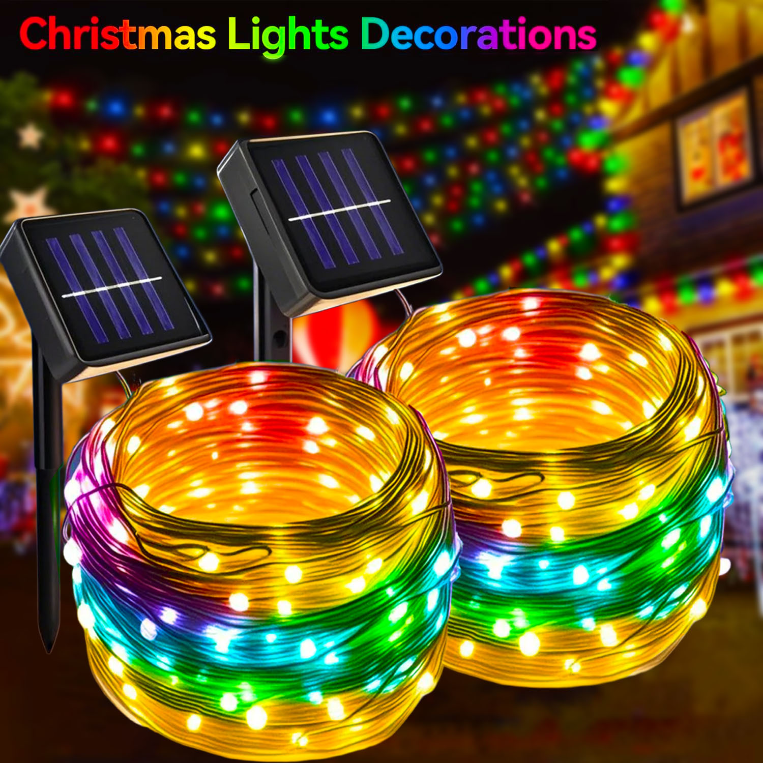 Xmas Outdoor Lighting Decorations - Świąteczne solarne lampki sznurkowe LED, migoczące